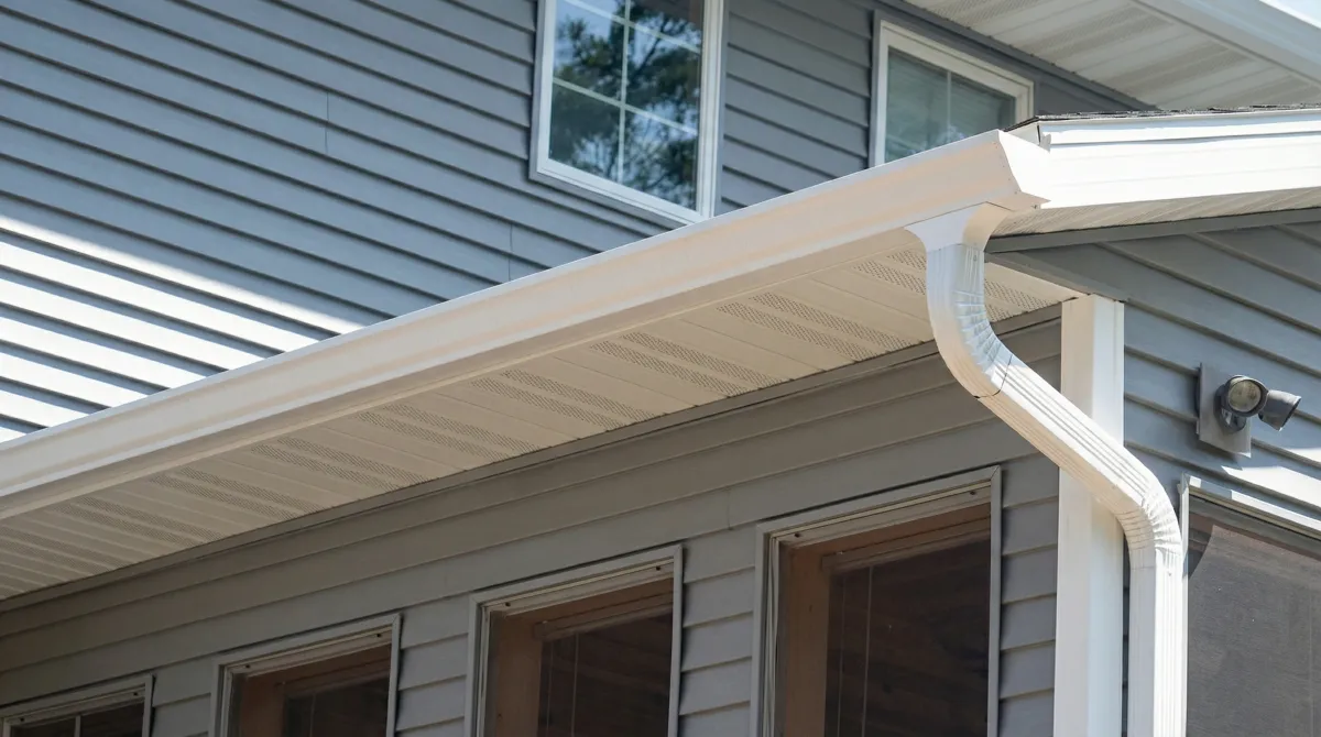 Professional home remodeling project showing newly installed white seamless gutters and downspouts on a house with gray siding in Philadelphia, PA