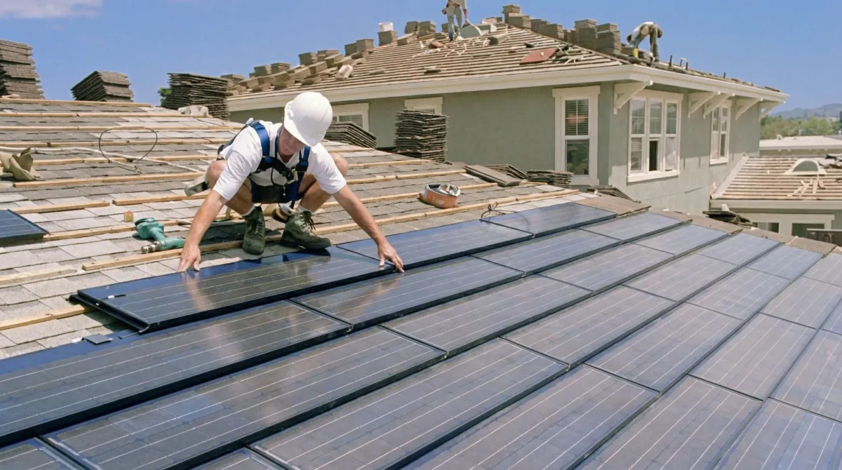 Roof replacement expert installing modern solar shingles on a residential home in Philadelphia, PA