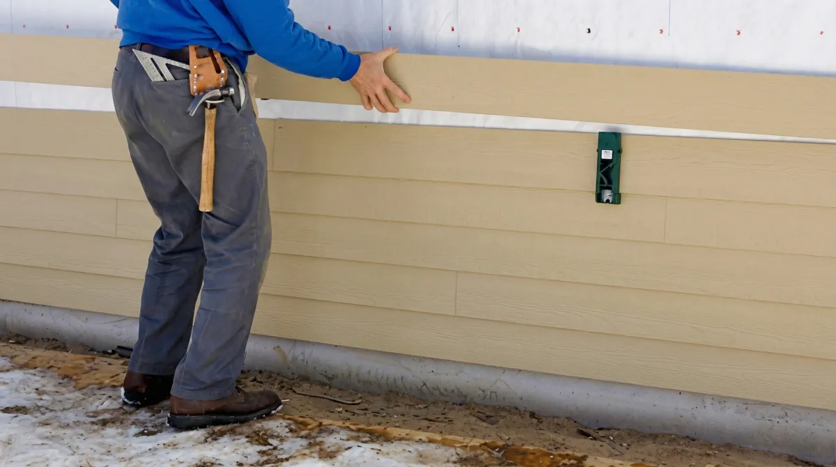 Siding replacement expert carefully aligning a new tan siding panel onto a residential exterior wall in Philadelphia, PA