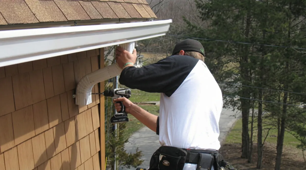 Professional contractor installing tan vinyl siding panels on a residential home exterior in Philadelphia, PA