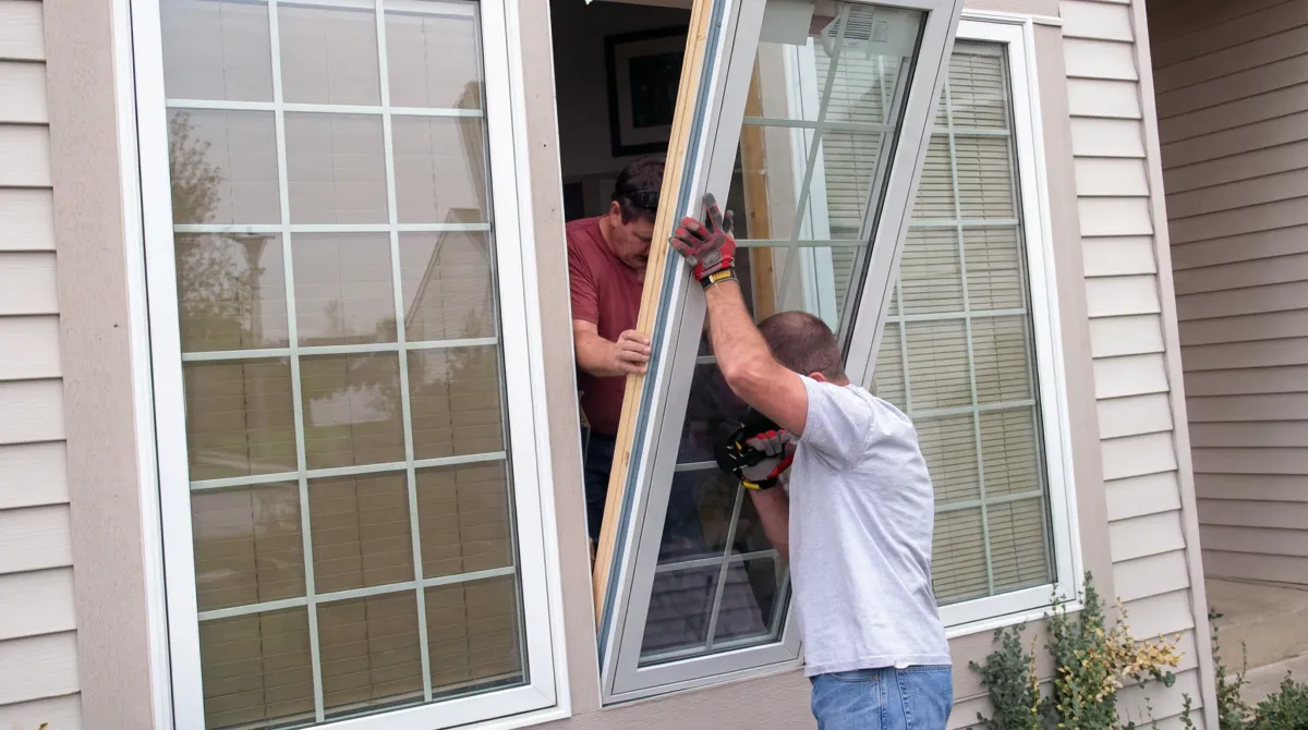 Professional home remodeling team installing a large replacement window on a house with tan siding in Philadelphia, PA